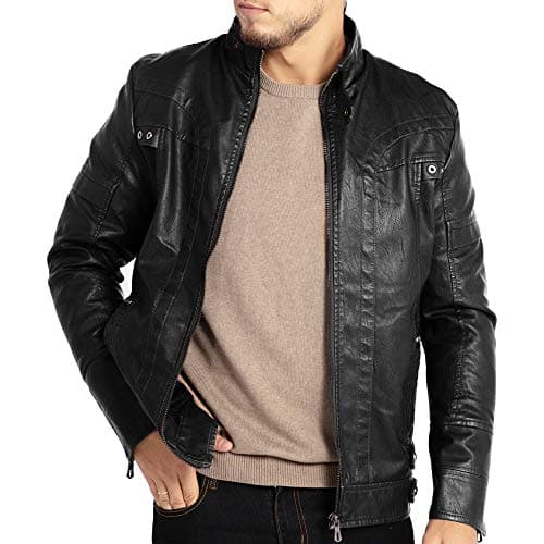 WULFUL Classic Stand Collar Leather Motorcycle Jacket
