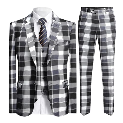 YFFUSHI Men's Plaid 3 Piece Suit Slim Fit Tuxedo