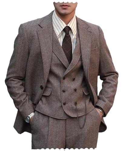 Tuikayoo Mens Formal Tweed Wool 3 Piece Slim Fit Suit Prom Tuxedo Groomsmen