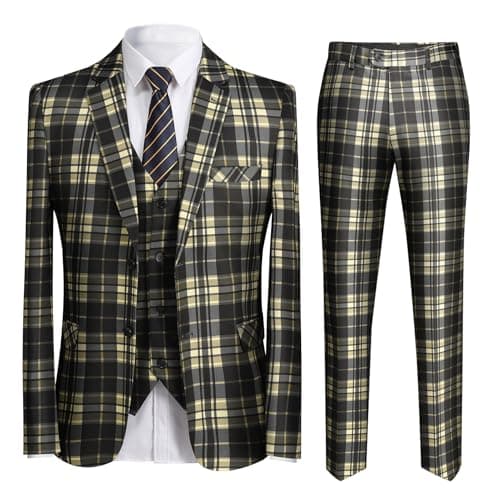 YFFUSHI Men's Plaid 3 Piece Suit Slim Fit Tuxedo