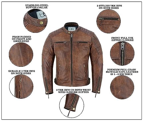 Men's Premium Leather Jacket for Motorbikes, Distressed Zip-Up Protection