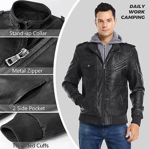 Men's Faux Leather Motorcycle Jacket with Removable Hood