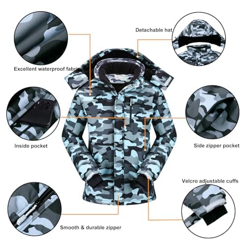 Men's Waterproof Winter Ski Jacket with Detachable Hood and Fleece Lining by CAMEL CROWN.