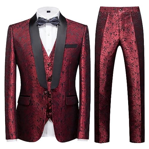 Kudoro Mens Slim Fit 3 Piece Tuxedo Suit Set for Prom Wedding Paisley Jacket Pants