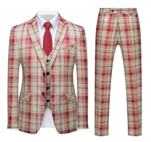Mogue Men's 3-Piece Slim Fit Plaid Suit for Wedding, Prom, and Business