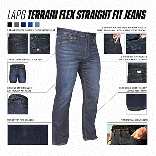 LA Police Gear Men's Durable Stretch Tactical Jeans - Terrain Flex Slim Fit, Multi-Pocket Design