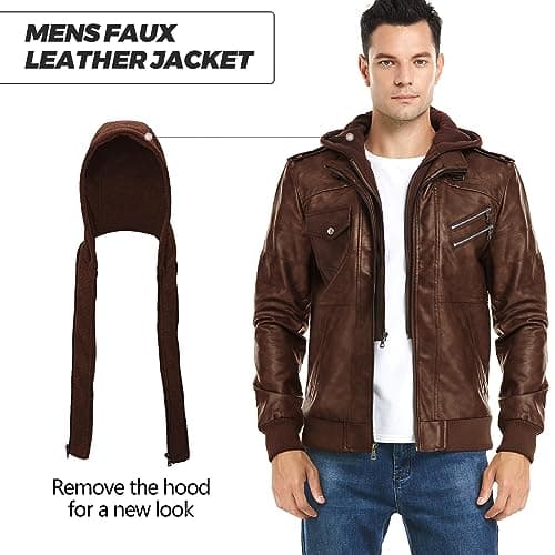 JYG Men's Faux Leather Stand Collar Motorcycle Bomber Jacket with Removable Hood