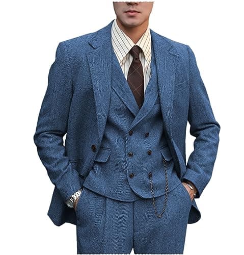 Tuikayoo Mens Formal Tweed Wool 3 Piece Slim Fit Suit Prom Tuxedo Groomsmen