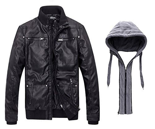 Wantdo Men's Faux Leather Casual Warm Hooded Winter Motorcycle Jacket