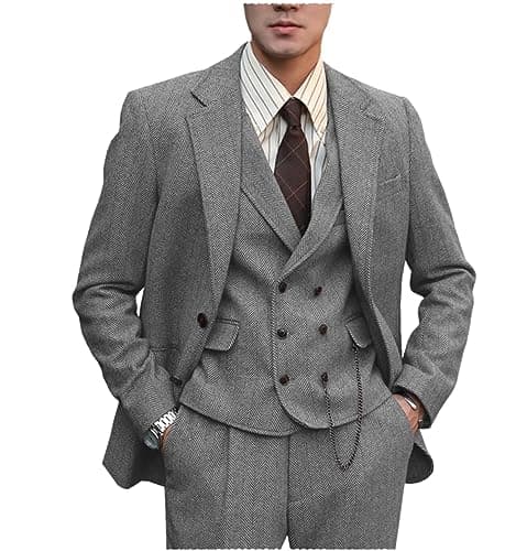 Tuikayoo Mens Formal Tweed Wool 3 Piece Slim Fit Suit Prom Tuxedo Groomsmen