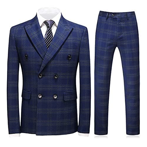 KUDORO Mens Slim Fit Double Breasted Plaid Suit Jacket-Vest Pants Set