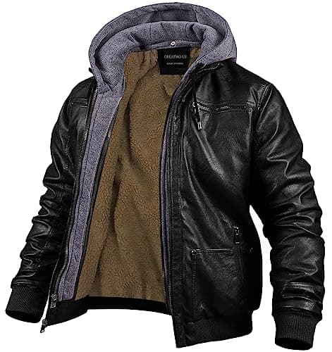 Men's Faux Leather Motorcycle Jacket with Removable Hood