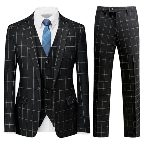 KUDMOL Mens Vintage Plaid Suit 3-Piece Casual Tuxedo for Weddings and Business Parties