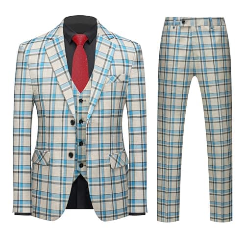Mogue Men's 3-Piece Slim Fit Plaid Suit for Wedding, Prom, and Business