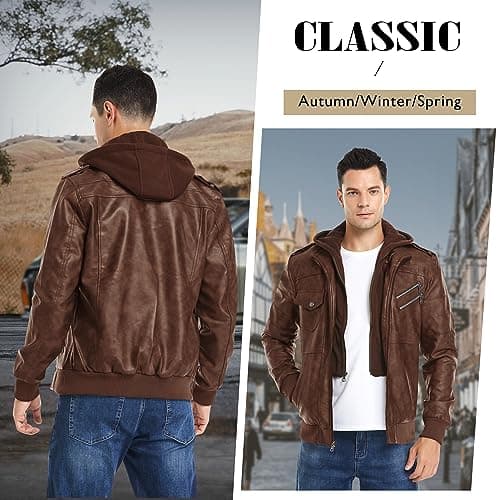JYG Men's Faux Leather Stand Collar Motorcycle Bomber Jacket with Removable Hood