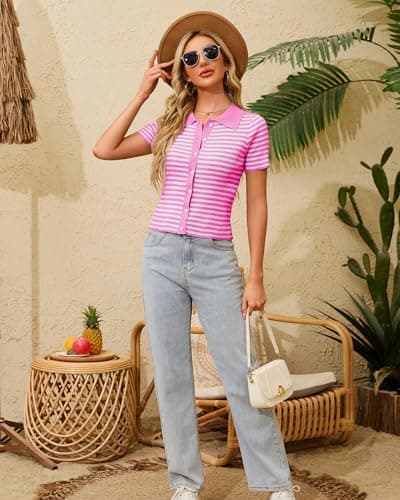 WULFUL Women's Short Sleeve Striped Pullover Cardigan Ribbed Knit V-Neck Top