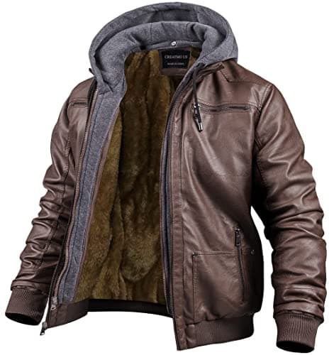 Men's Faux Leather Motorcycle Jacket with Removable Hood