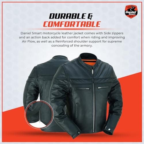 Daniel Smart Men's Black Leather Biker Jacket with Concealment Pockets