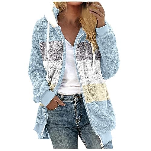 YMADREIG Women's Soft Fleece Sherpa Hooded Winter Jacket Color Block Pockets