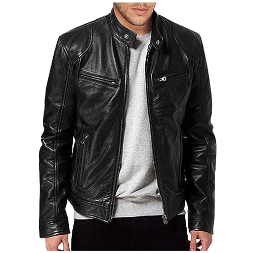 Black Mens Leather Motorcycle Jacket Lightweight Slim Fit Bomber Coat