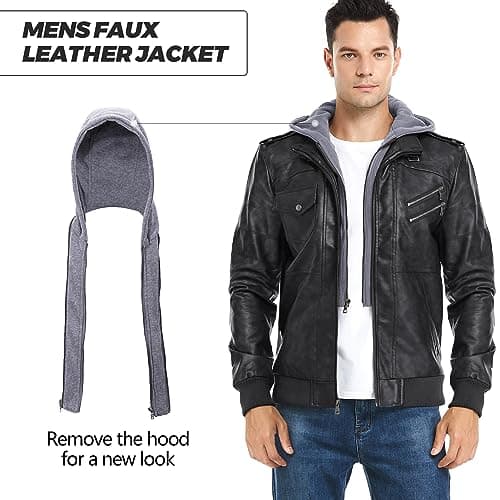 Men's Faux Leather Motorcycle Jacket with Removable Hood