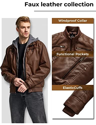 WantDo Men's Faux Leather Motorcycle Jacket with Hood Casual Winter Coat
