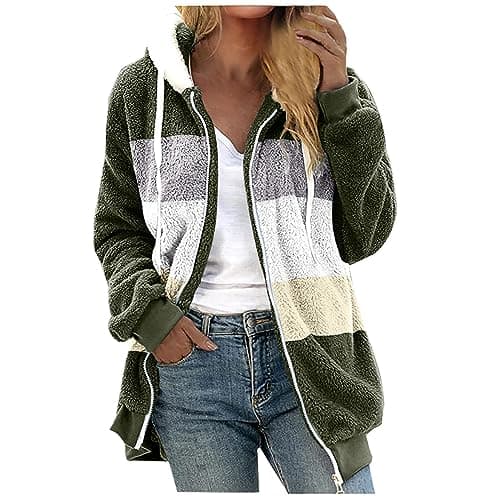 YMADREIG Women's Soft Fleece Sherpa Hooded Winter Jacket Color Block Pockets