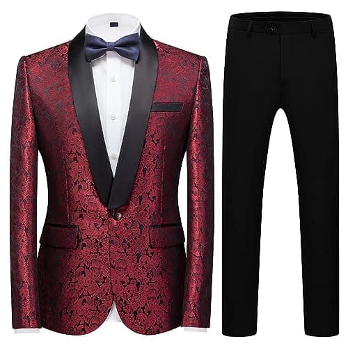KUDORO Mens Slim Fit Formal Floral Tuxedo Suit Set for Wedding Dinner Party