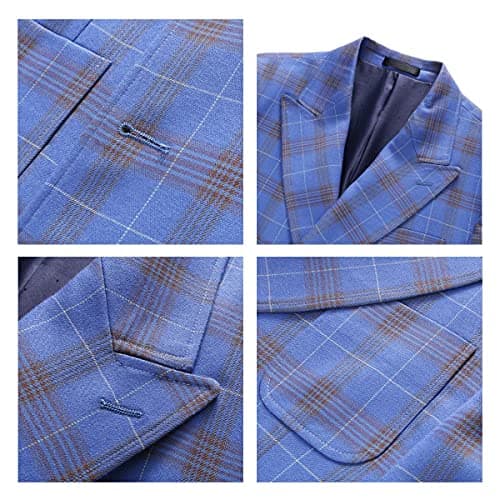KUDORO Mens Slim Fit Double Breasted Plaid Suit Jacket-Vest Pants Set