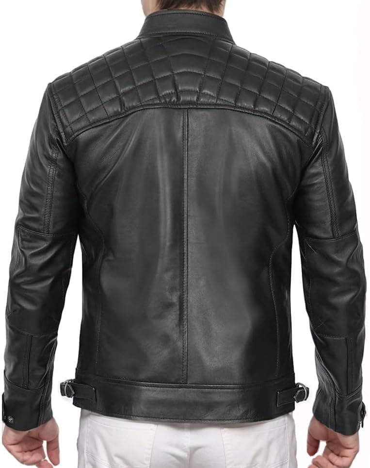DECIMAL Men's Black Genuine Lambskin Leather Biker Jacket
