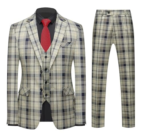 Mogue Men's 3-Piece Slim Fit Plaid Suit for Wedding, Prom, and Business