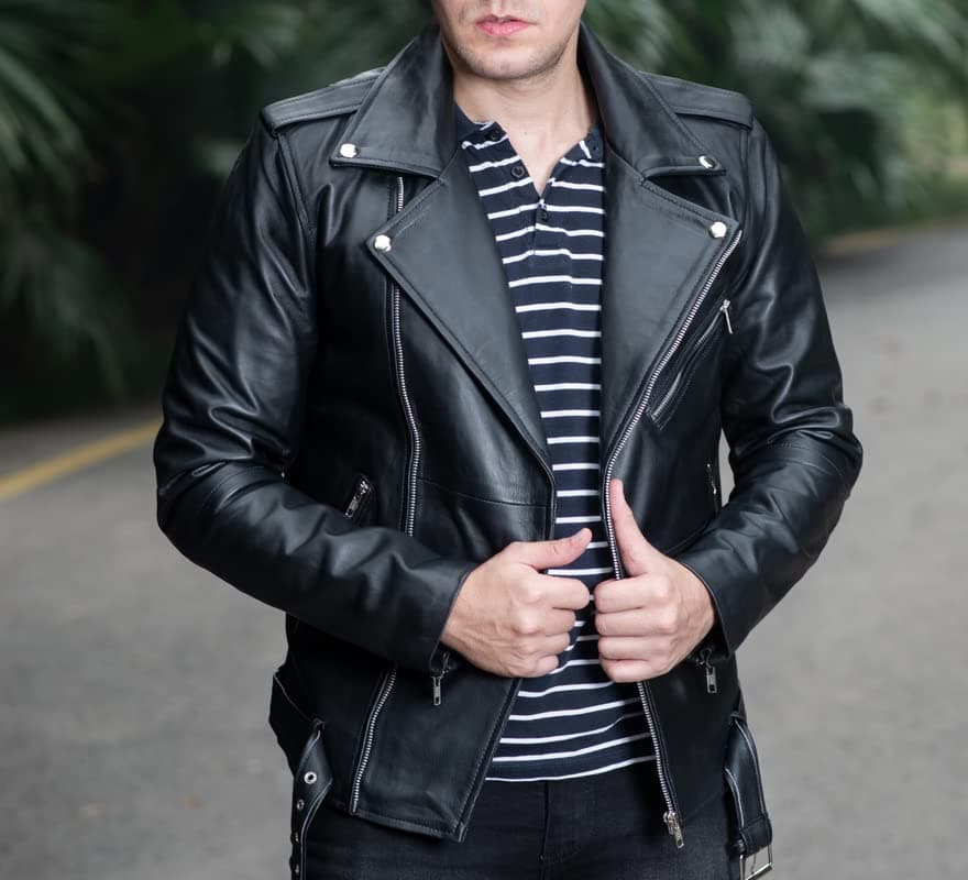 TLC Men's Notch Collar Leather Biker Jacket - Black with Zipper Cuff