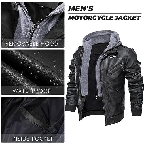 Men's Faux Leather Motorcycle Jacket with Removable Hood