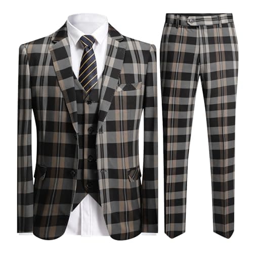 YFFUSHI Men's Plaid 3 Piece Suit Slim Fit Tuxedo