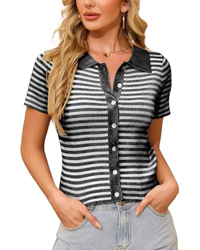 WULFUL Women's Short Sleeve Striped Pullover Cardigan Ribbed Knit V-Neck Top