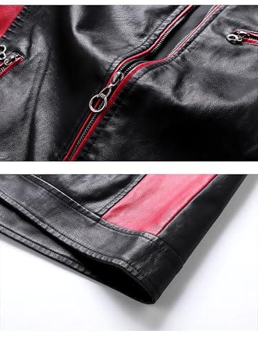 Mens Lightweight Color Block Faux Leather Racing Jacket Stand Collar