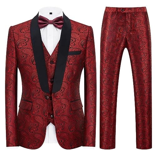 KUDMOL Mens Slim Fit Paisley Tuxedo Suit Prom Night One Button Blazer Vest Pants Set