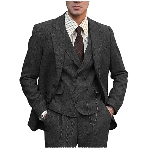 Tuikayoo Mens Formal Tweed Wool 3 Piece Slim Fit Suit Prom Tuxedo Groomsmen
