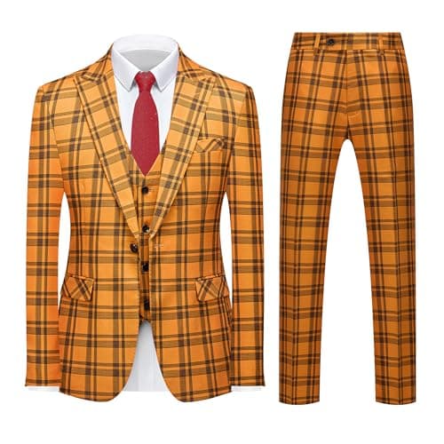 Mogue Men's 3-Piece Slim Fit Plaid Suit for Wedding, Prom, and Business