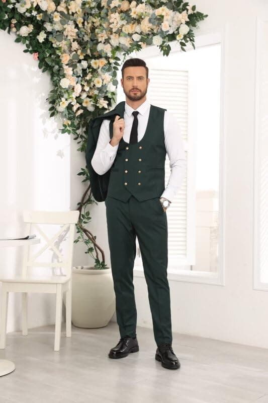 Wangyue Men's 3-Piece Slim Fit Double Breasted Suit for Business, Weddings & Proms