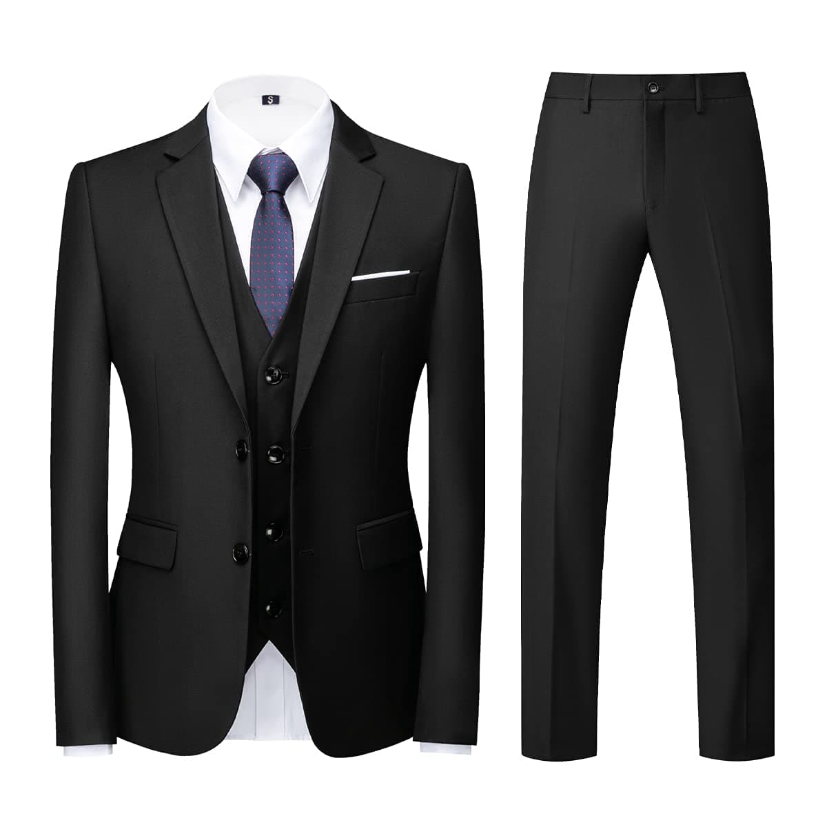 KUDORO Mens Slim Fit 3 Piece Tuxedo Suit Two Button Jacket & Trouser Vest Casual Wedding Prom