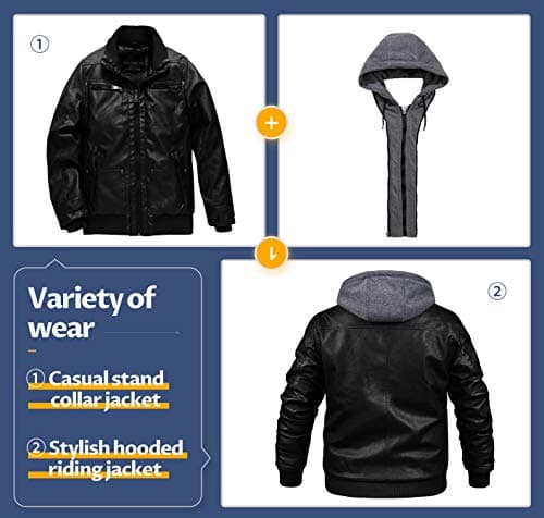 Men's Faux Leather Motorcycle Jacket with Removable Hood