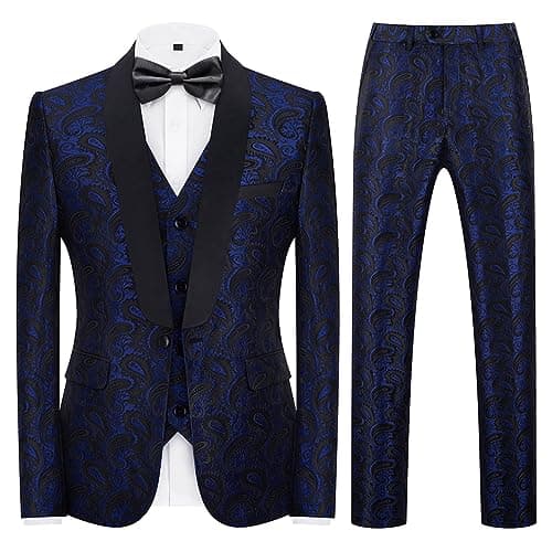 KUDMOL Mens Slim Fit Paisley Tuxedo Suit Prom Night One Button Blazer Vest Pants Set