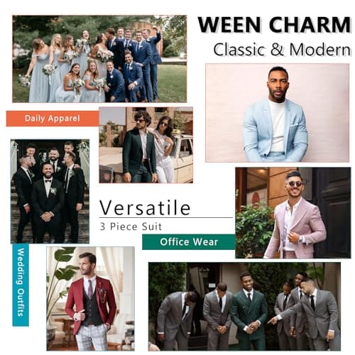 WEEN CHARM Men's Slim Fit 3-Piece Tuxedo Suit 2-Button Jacket Pants Tie
