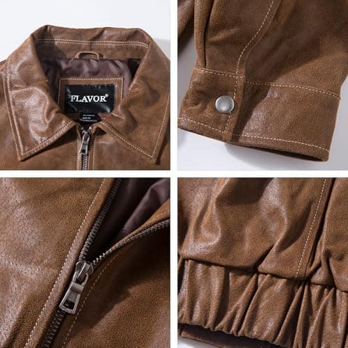 Men's Genuine Leather Bomber Jacket - Brown, Casual Fall Winter