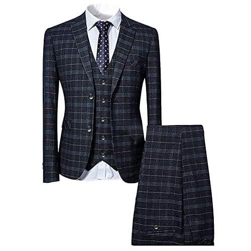Cloudstyle Men's Slim Fit Checked Blue/Black Single Breasted Vintage Suit