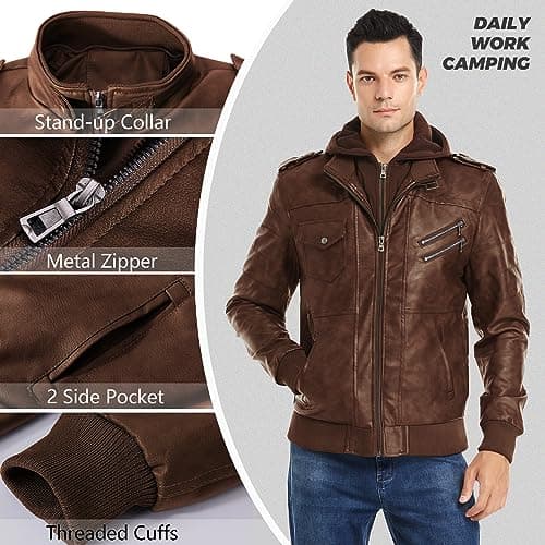 JYG Men's Faux Leather Stand Collar Motorcycle Bomber Jacket with Removable Hood