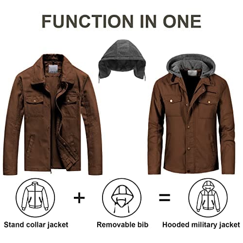 Pursky Men's Canvas Cotton Casual Field Jacket with Removable Hood