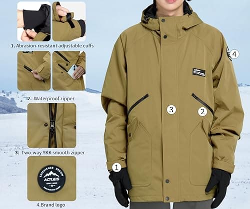 Actleis Men's Waterproof Winter Snowboarding Jacket Windproof Hooded Coat