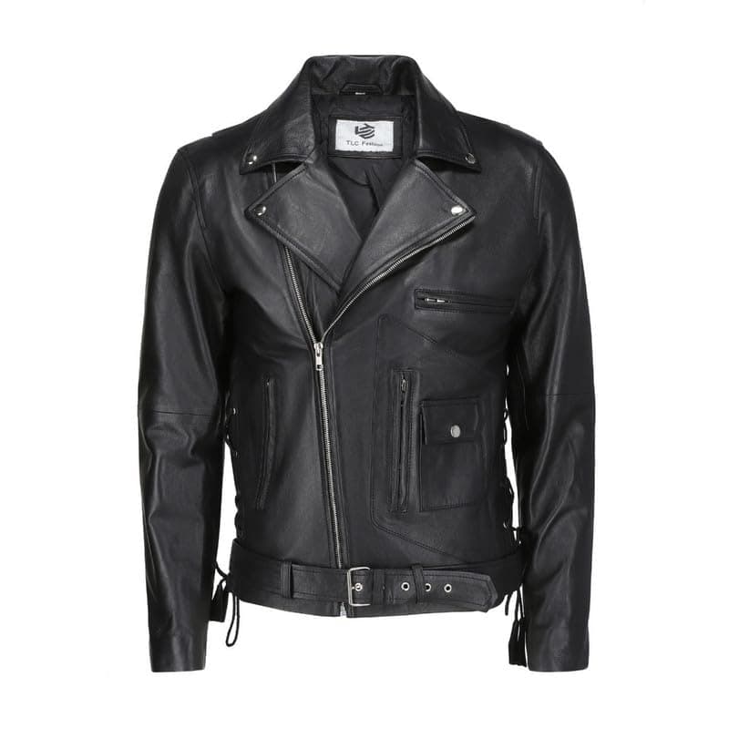 TLC Men's Notch Collar Leather Biker Jacket - Black with Zipper Cuff